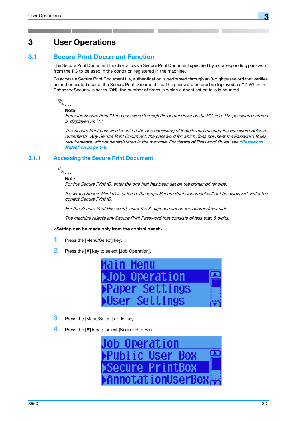 1 secure print document function, 1 accessing the secure print document, Setting can be made only from the control panel | User operations, Secure print document function -2, 3user operations | Konica Minolta magicolor 8650 User Manual | Page 71 / 98