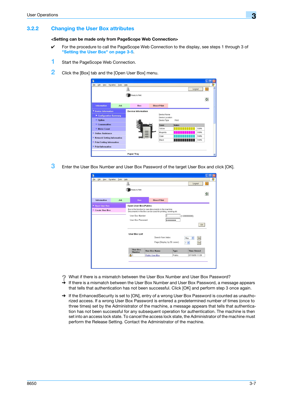 2 changing the user box attributes, Changing the | Konica Minolta magicolor 8650 User Manual | Page 76 / 98