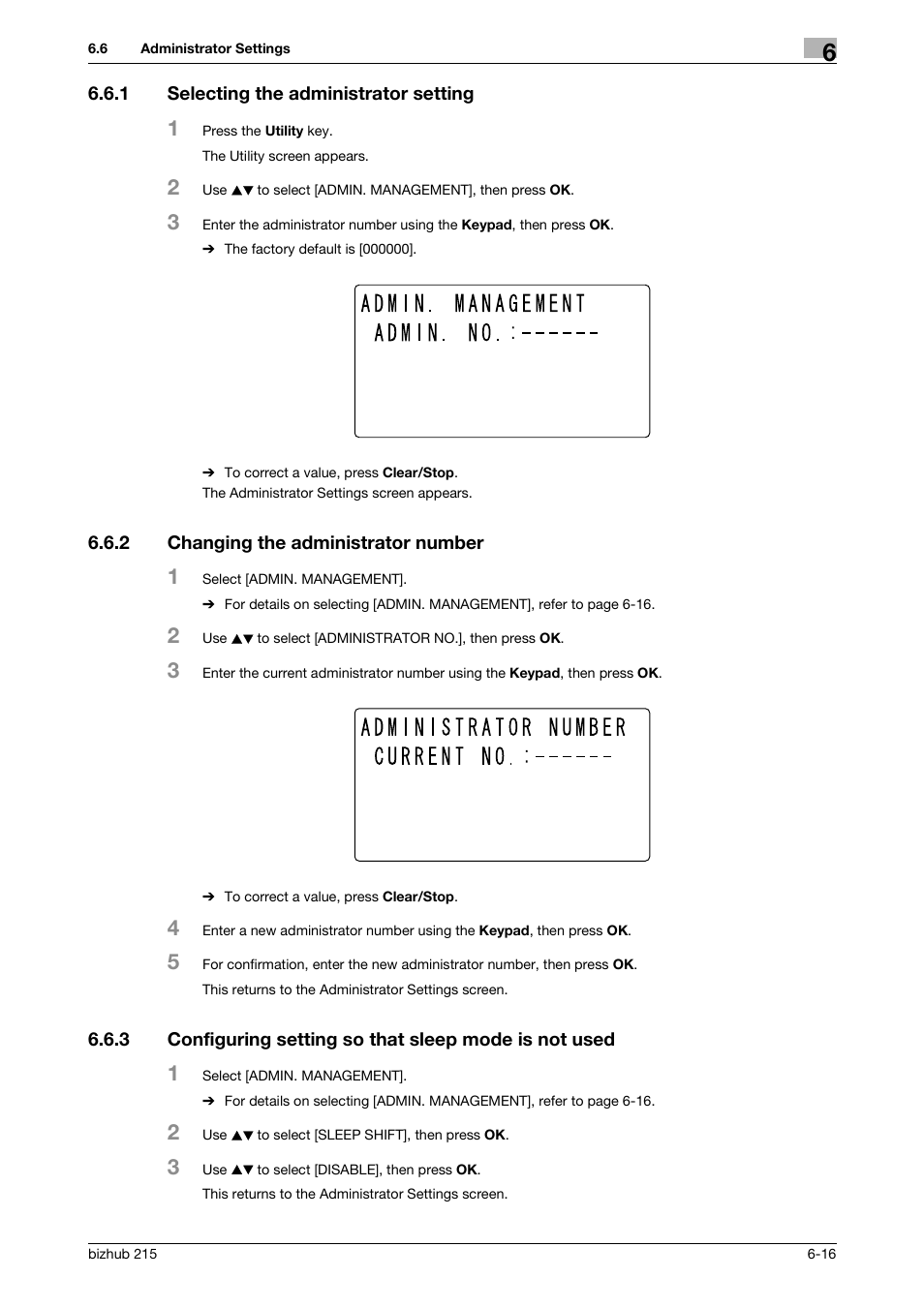 1 selecting the administrator setting, 2 changing the administrator number, Selecting the administrator setting -16 | Changing the administrator number -16, P. 6-16 | Konica Minolta Bizhub 215 User Manual | Page 103 / 138