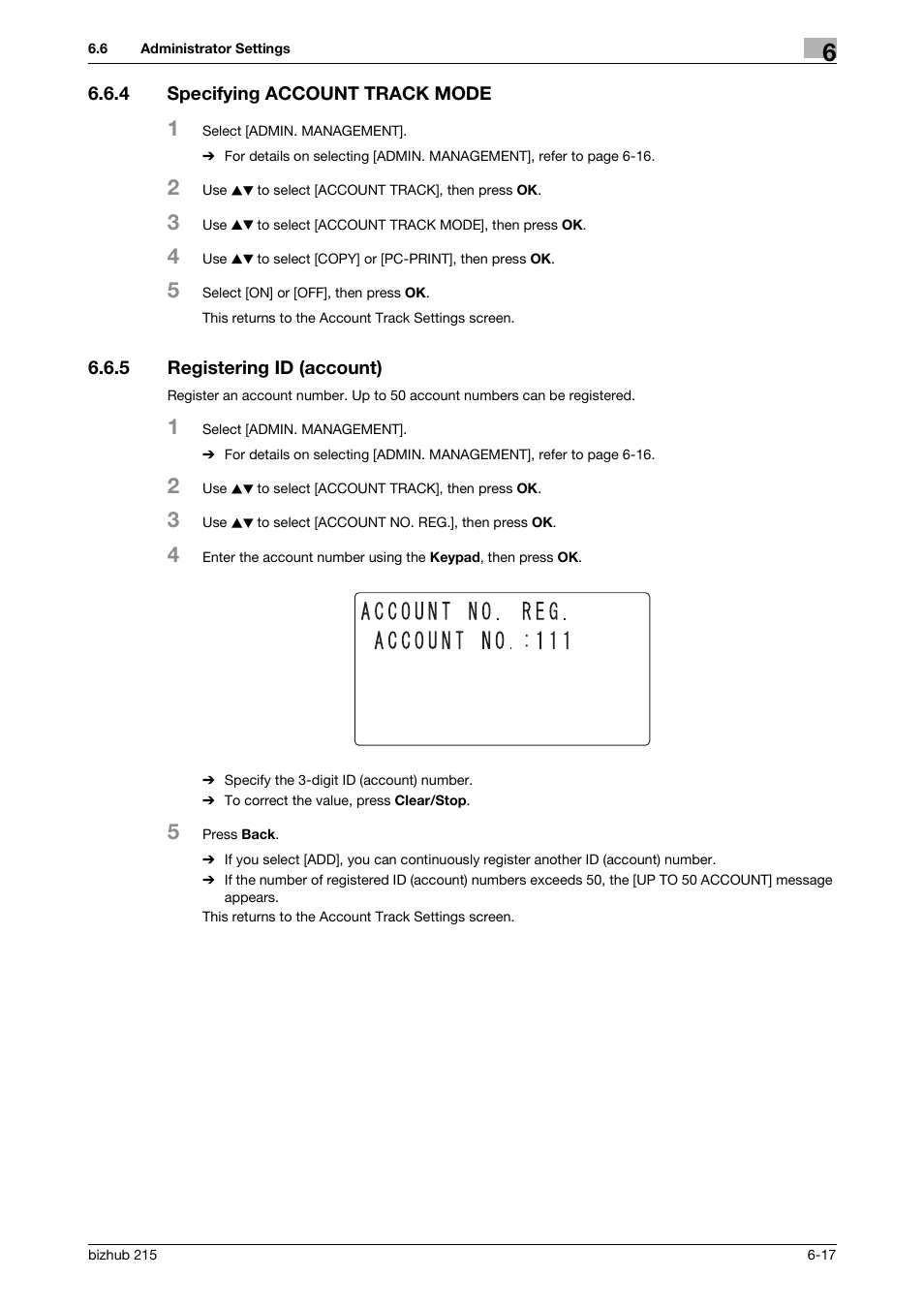 4 specifying account track mode, 5 registering id (account), Specifying account track mode -17 | Registering id (account) -17 | Konica Minolta Bizhub 215 User Manual | Page 104 / 138