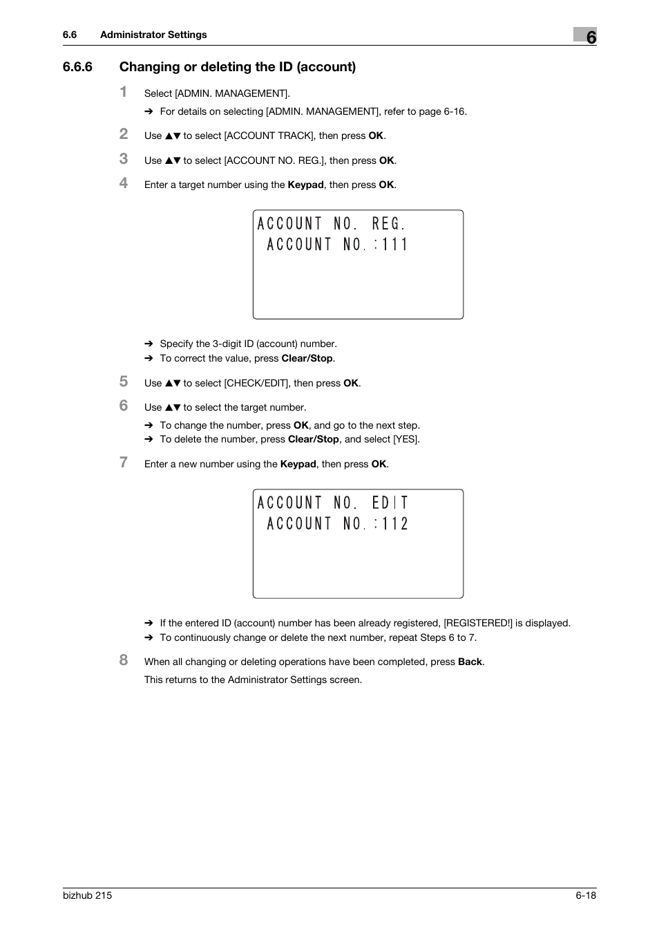 6 changing or deleting the id (account), Changing or deleting the id (account) -18 | Konica Minolta Bizhub 215 User Manual | Page 105 / 138