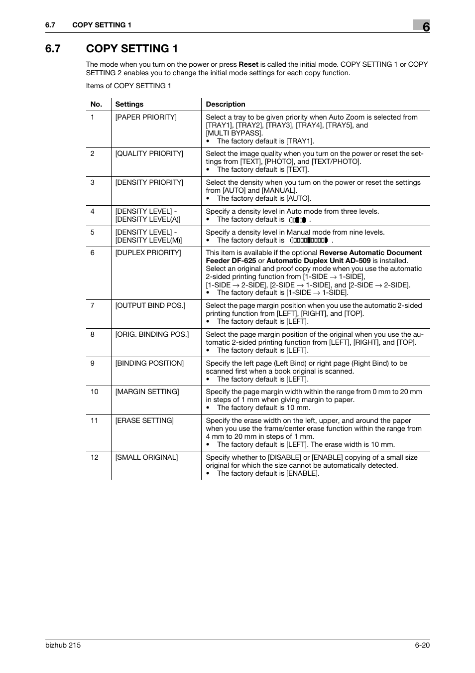 7 copy setting 1, Copy setting 1 -20 | Konica Minolta Bizhub 215 User Manual | Page 107 / 138