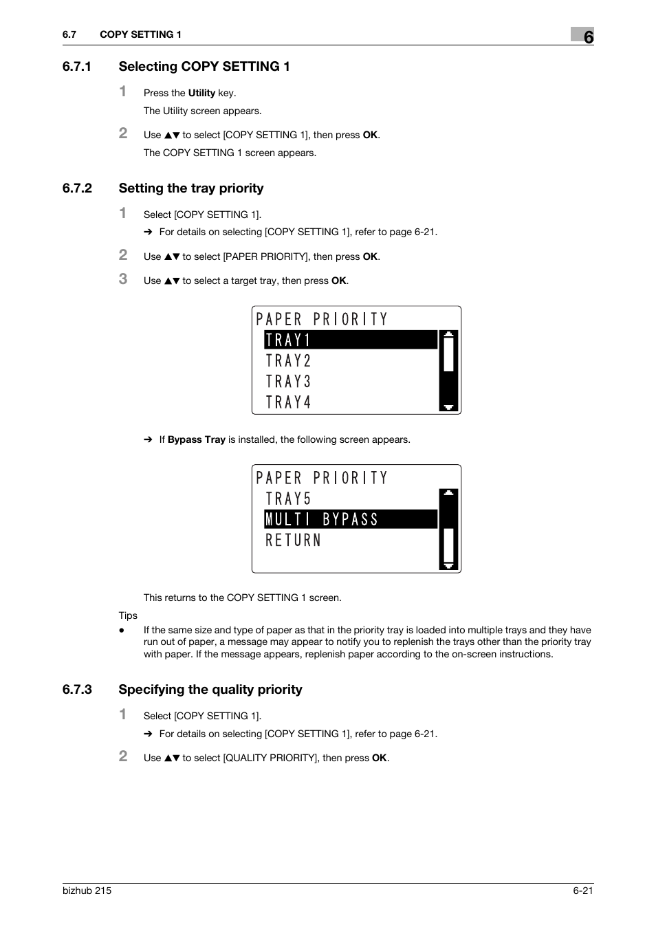 1 selecting copy setting 1, 2 setting the tray priority, 3 specifying the quality priority | Selecting copy setting 1 -21, Setting the tray priority -21, Specifying the quality priority -21, P. 6-21 | Konica Minolta Bizhub 215 User Manual | Page 108 / 138