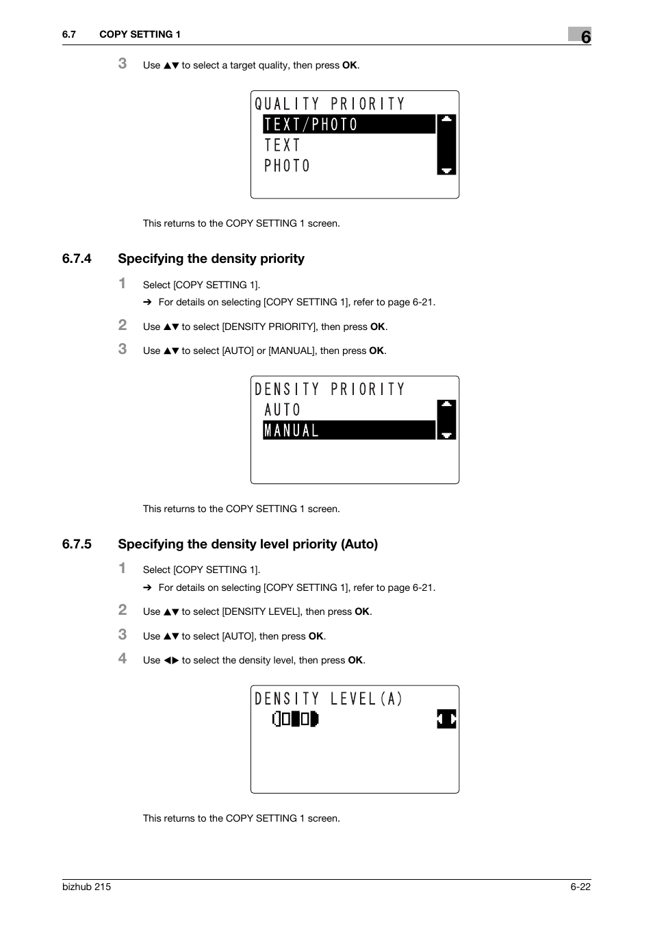 4 specifying the density priority, 5 specifying the density level priority (auto), Specifying the density priority -22 | Specifying the density level priority (auto) -22 | Konica Minolta Bizhub 215 User Manual | Page 109 / 138