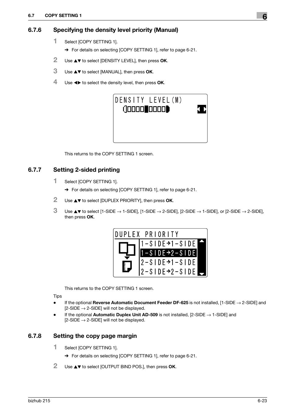 6 specifying the density level priority (manual), 7 setting 2-sided printing, Specifying the density level priority (manual) -23 | Setting 2-sided printing -23 | Konica Minolta Bizhub 215 User Manual | Page 110 / 138