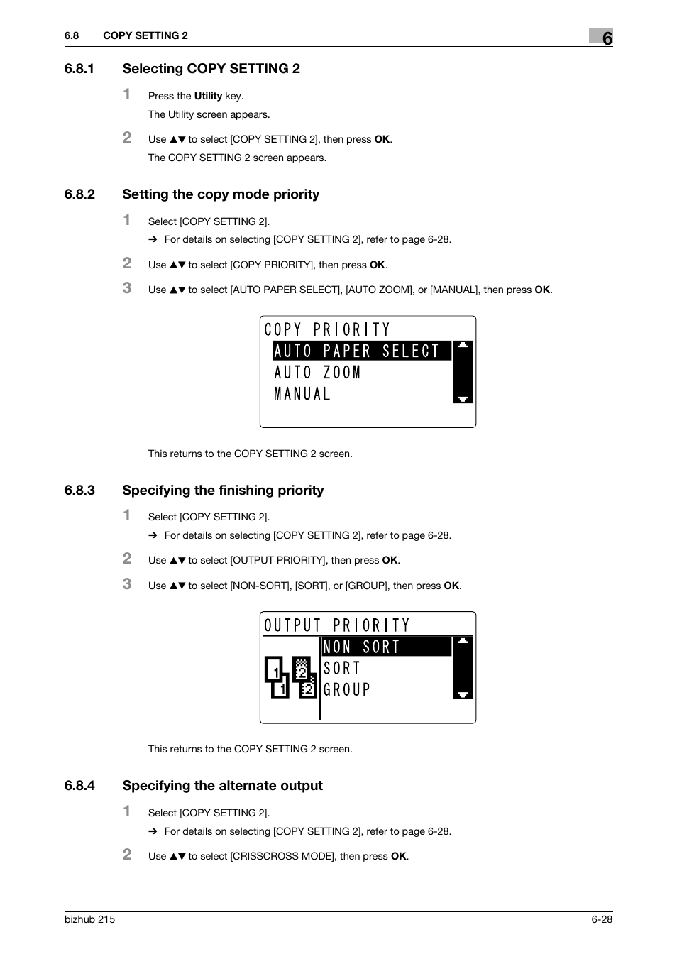 1 selecting copy setting 2, 2 setting the copy mode priority, 3 specifying the finishing priority | 4 specifying the alternate output, Selecting copy setting 2 -28, Setting the copy mode priority -28, Specifying the finishing priority -28, Specifying the alternate output -28, P. 6-28 | Konica Minolta Bizhub 215 User Manual | Page 115 / 138