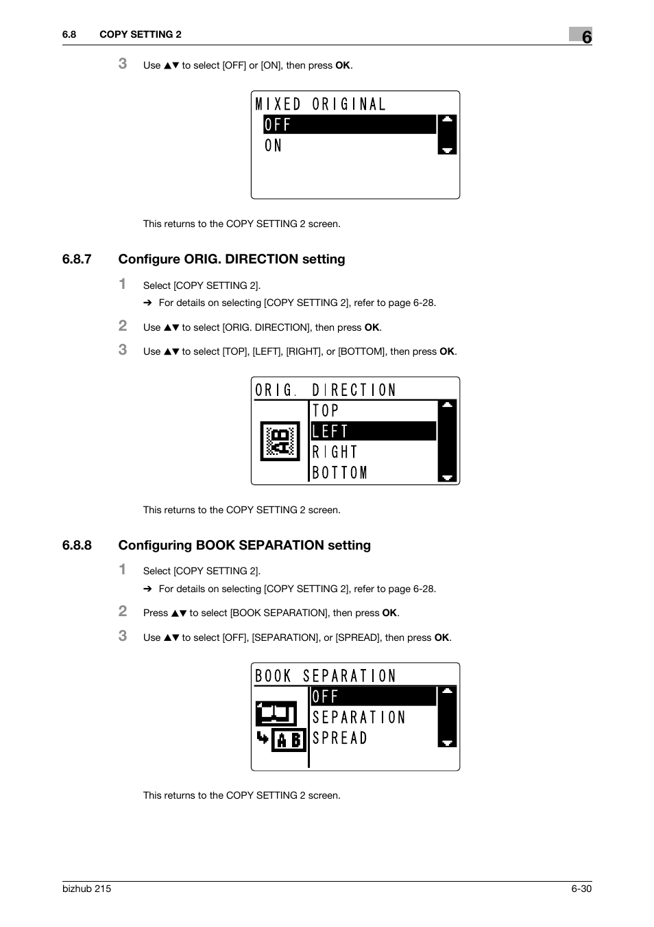 7 configure orig. direction setting, 8 configuring book separation setting, Configure orig. direction setting -30 | Configuring book separation setting -30 | Konica Minolta Bizhub 215 User Manual | Page 117 / 138