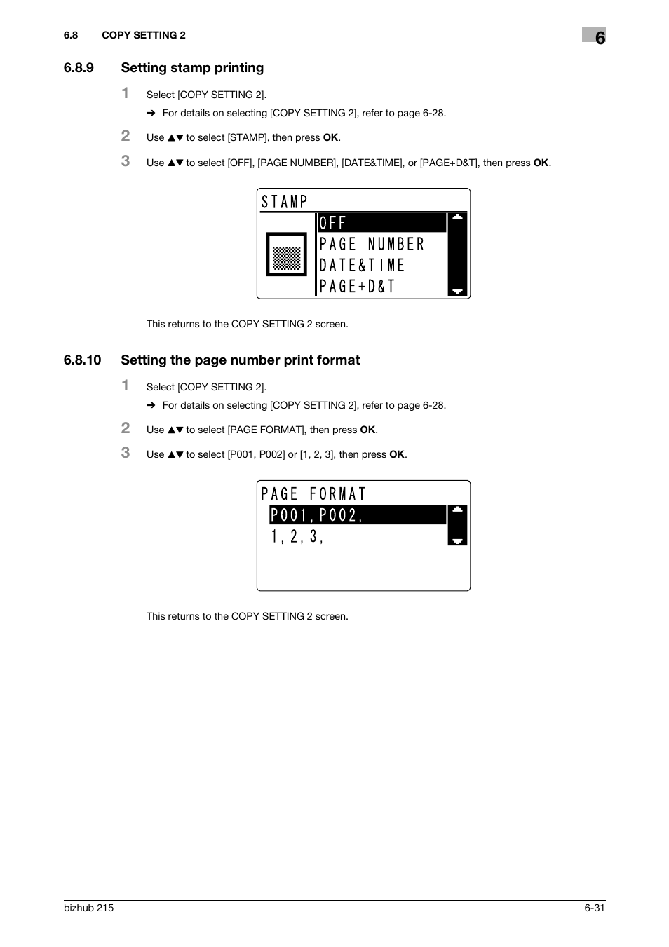 9 setting stamp printing, Setting stamp printing -31 | Konica Minolta Bizhub 215 User Manual | Page 118 / 138