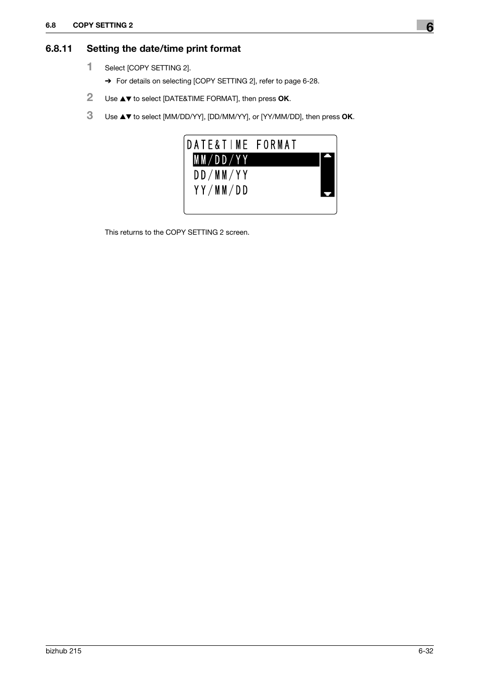 11 setting the date/time print format, Setting the date/time print format -32 | Konica Minolta Bizhub 215 User Manual | Page 119 / 138