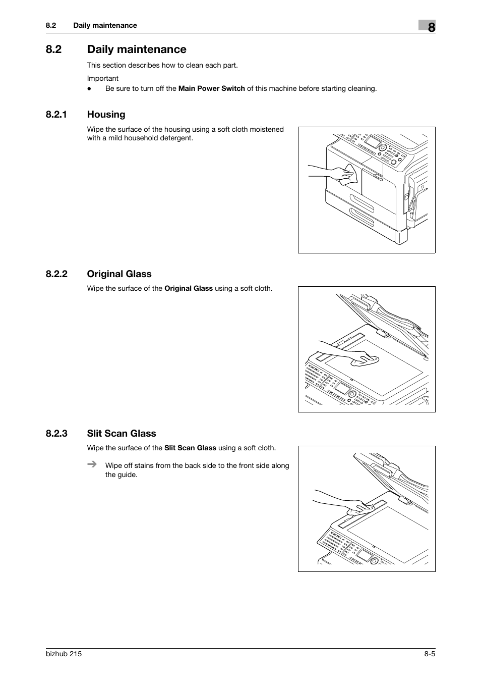 2 daily maintenance, 1 housing, 2 original glass | 3 slit scan glass, Daily maintenance -5, Housing -5, Original glass -5, Slit scan glass -5, P. 8-5) | Konica Minolta Bizhub 215 User Manual | Page 130 / 138