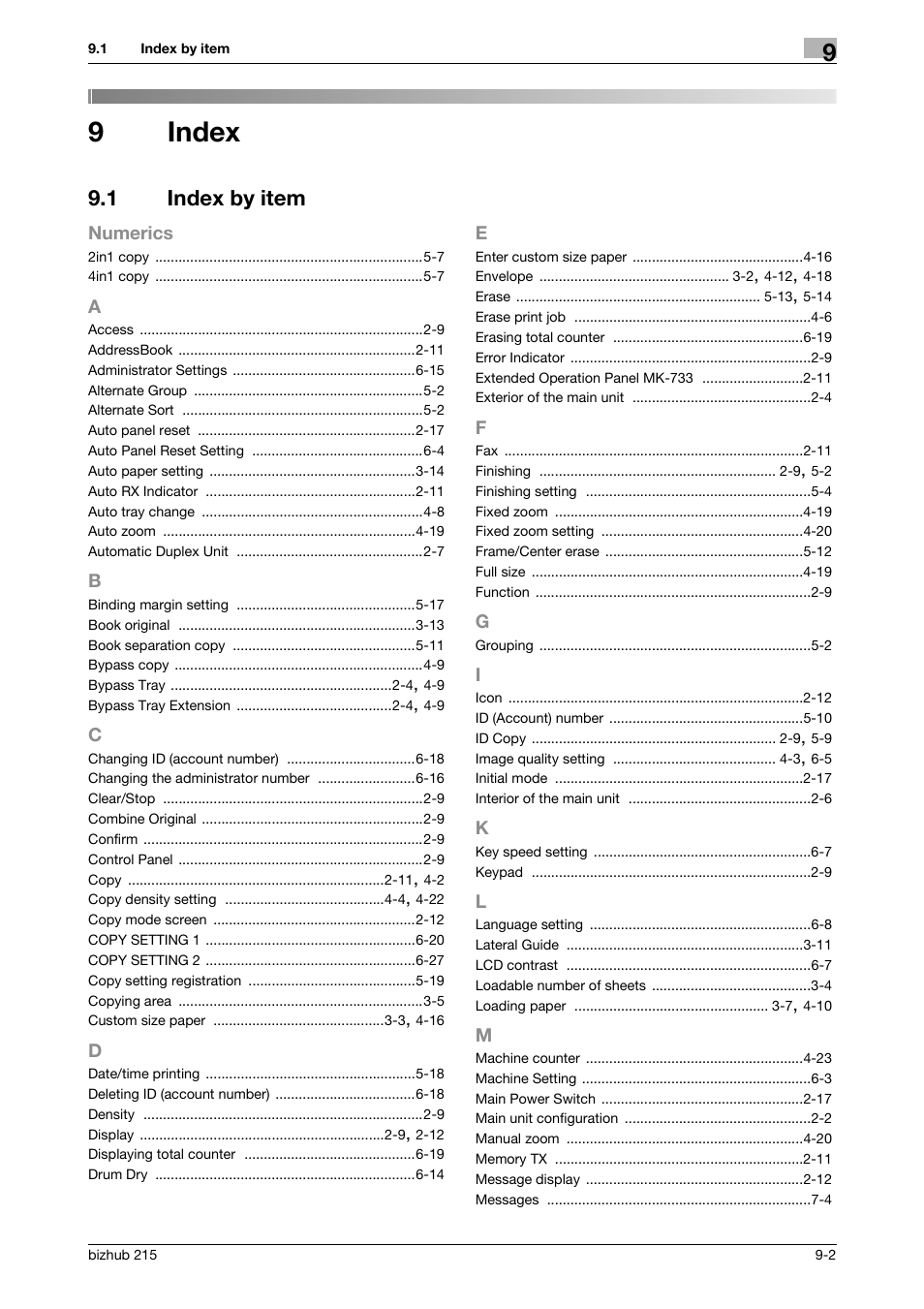 9 index, 1 index by item, Index | Index by item -2, 9index | Konica Minolta Bizhub 215 User Manual | Page 133 / 138