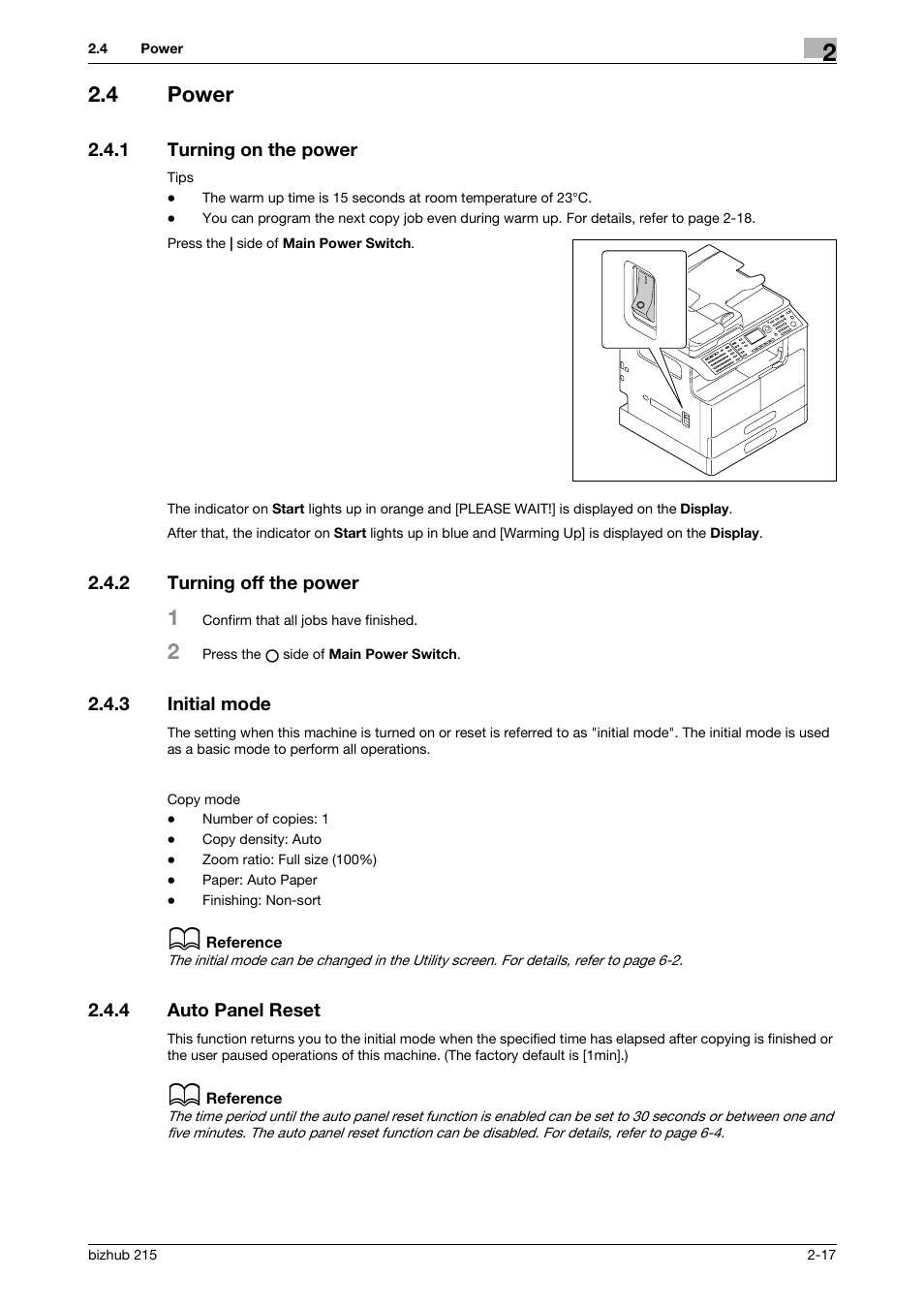 4 power, 1 turning on the power, 2 turning off the power | 3 initial mode, 4 auto panel reset, Power -17, Turning on the power -17, Turning off the power -17, Initial mode -17, Auto panel reset -17 | Konica Minolta Bizhub 215 User Manual | Page 26 / 138