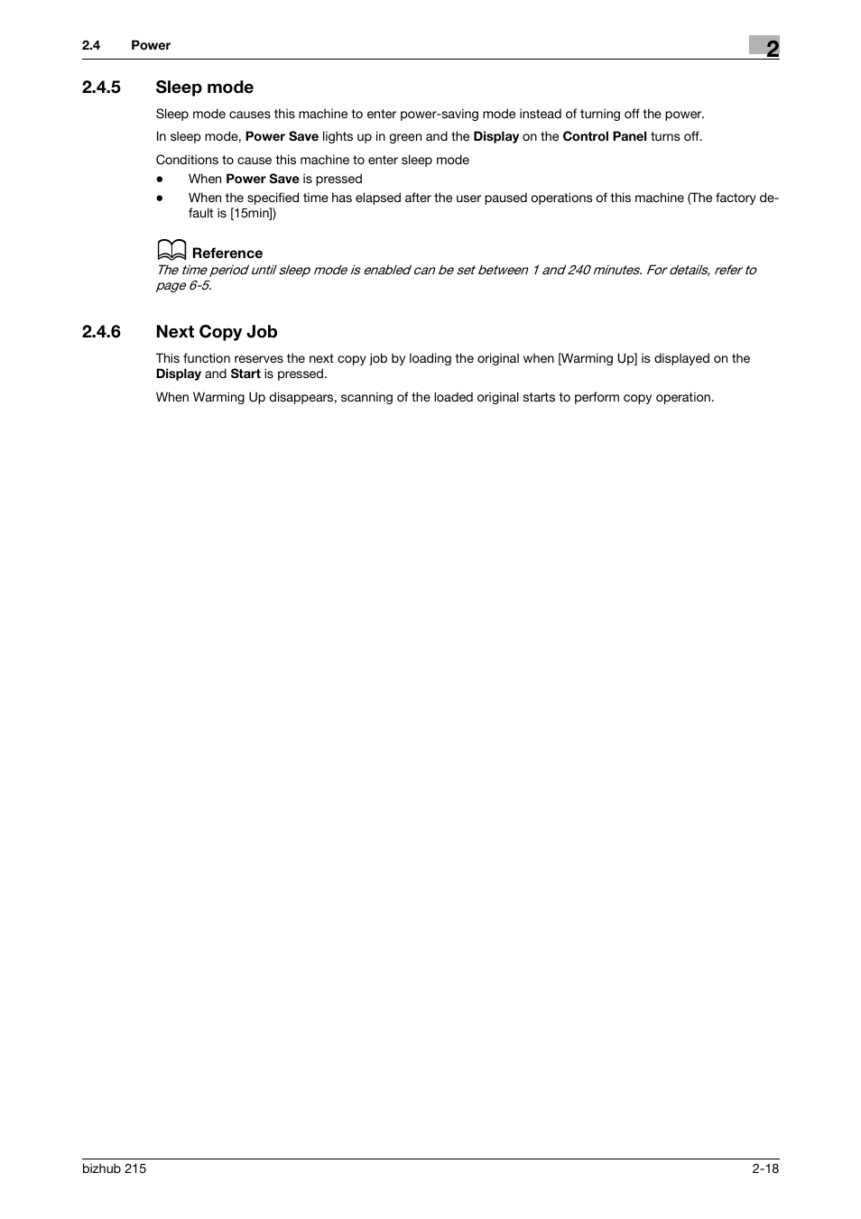 5 sleep mode, 6 next copy job, Sleep mode -18 | Next copy job -18, P. 2-18 | Konica Minolta Bizhub 215 User Manual | Page 27 / 138