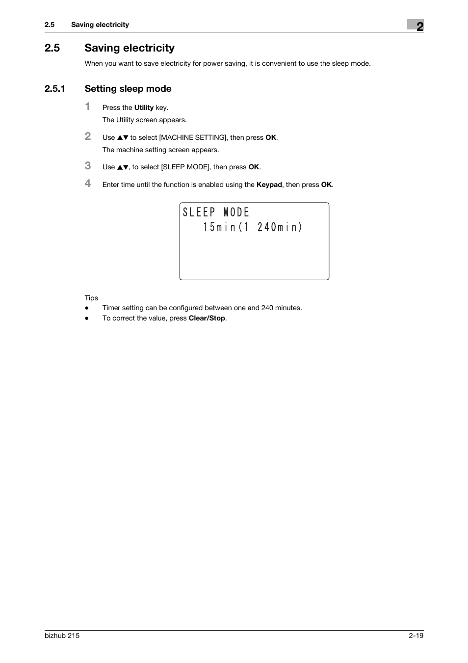 5 saving electricity, 1 setting sleep mode, Saving electricity -19 | Setting sleep mode -19, P. 2-19 | Konica Minolta Bizhub 215 User Manual | Page 28 / 138