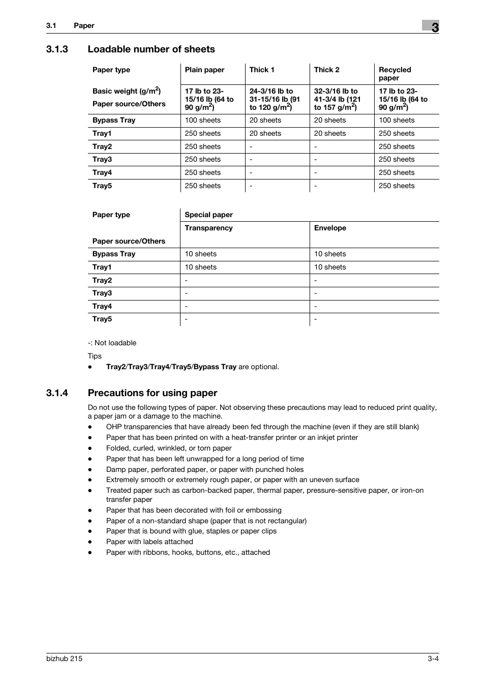 3 loadable number of sheets, 4 precautions for using paper, Loadable number of sheets -4 | Precautions for using paper -4 | Konica Minolta Bizhub 215 User Manual | Page 32 / 138