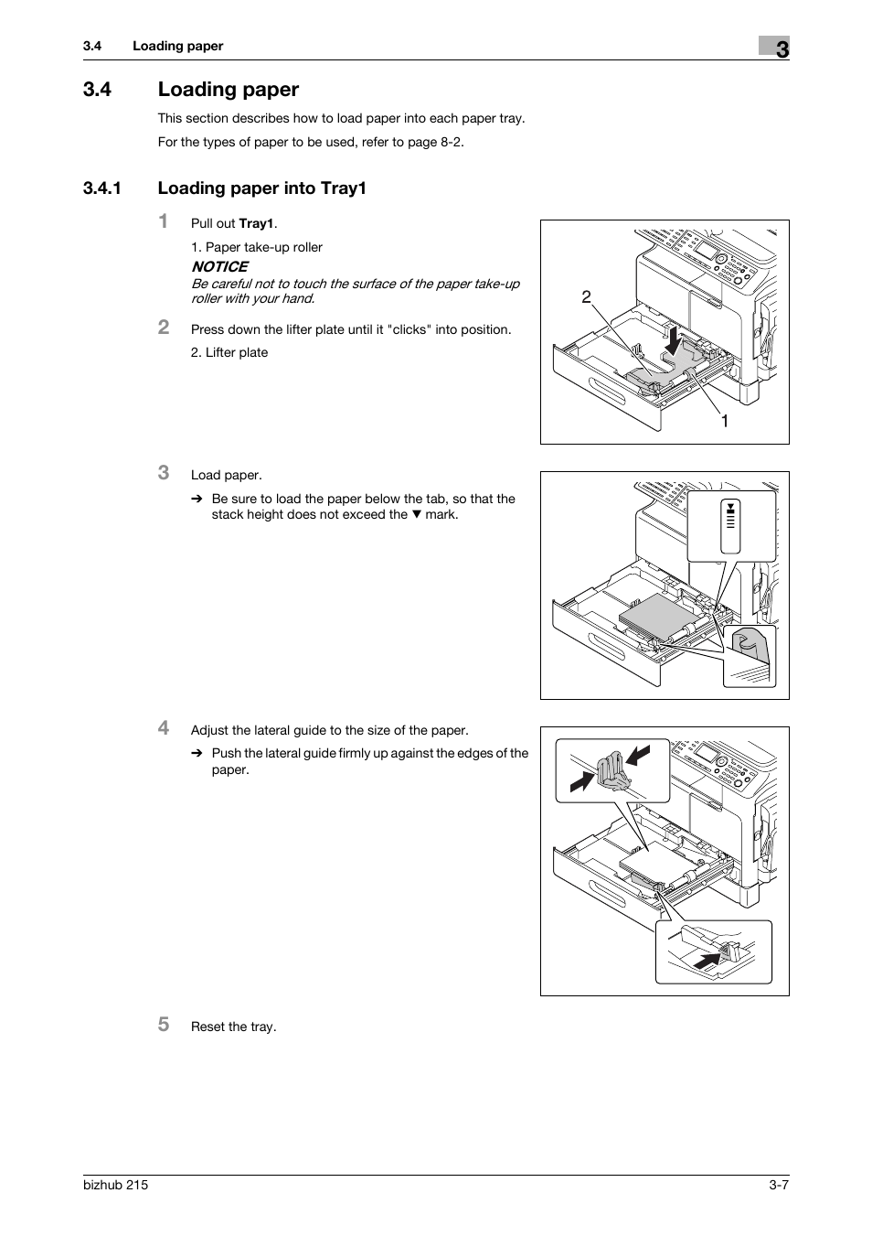 4 loading paper, 1 loading paper into tray1, Loading paper -7 | Loading paper into tray1 -7 | Konica Minolta Bizhub 215 User Manual | Page 35 / 138