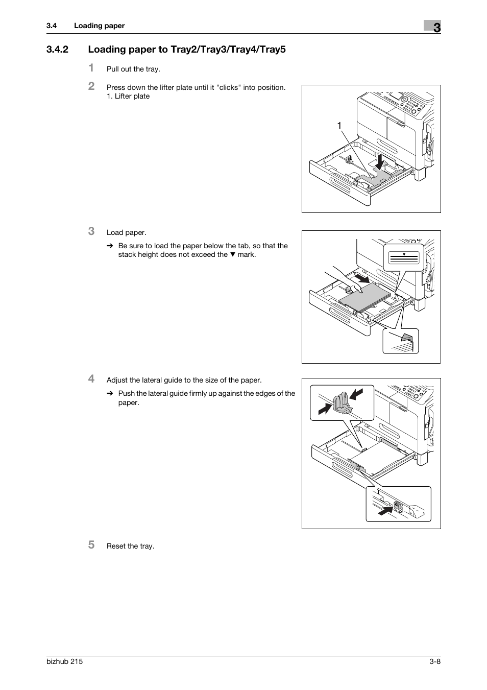 2 loading paper to tray2/tray3/tray4/tray5, Loading paper to tray2/tray3/tray4/tray5 -8 | Konica Minolta Bizhub 215 User Manual | Page 36 / 138