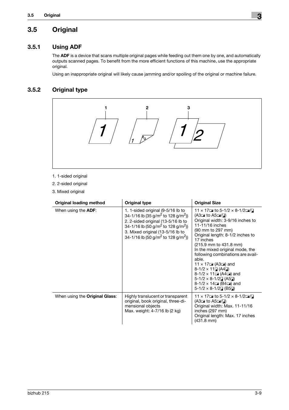 5 original, 1 using adf, 2 original type | Original -9, Using adf -9, Original type -9 | Konica Minolta Bizhub 215 User Manual | Page 37 / 138