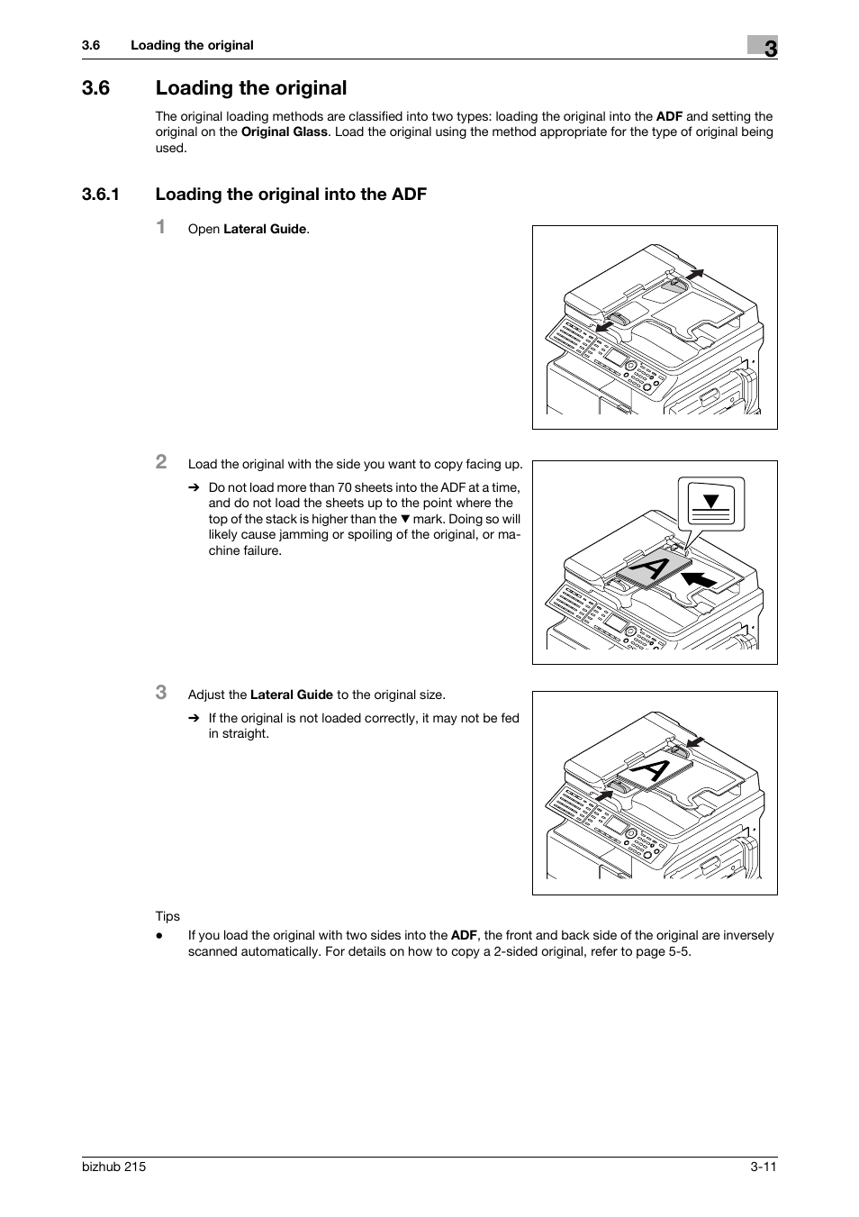 6 loading the original, 1 loading the original into the adf, Loading the original -11 | Loading the original into the adf -11 | Konica Minolta Bizhub 215 User Manual | Page 39 / 138