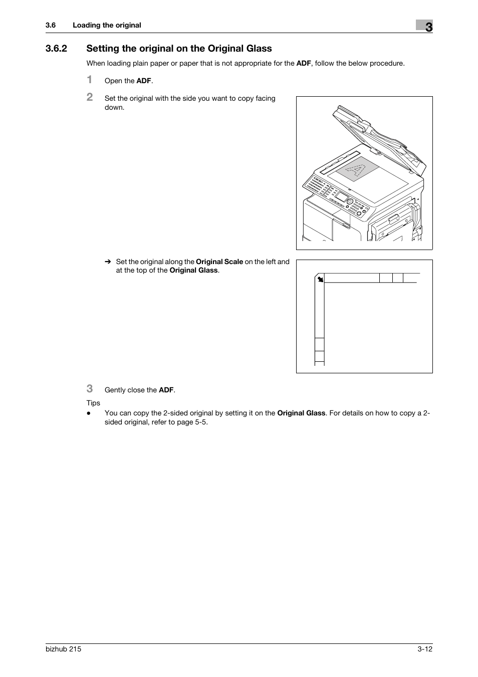 2 setting the original on the original glass, Setting the original on the original glass -12 | Konica Minolta Bizhub 215 User Manual | Page 40 / 138