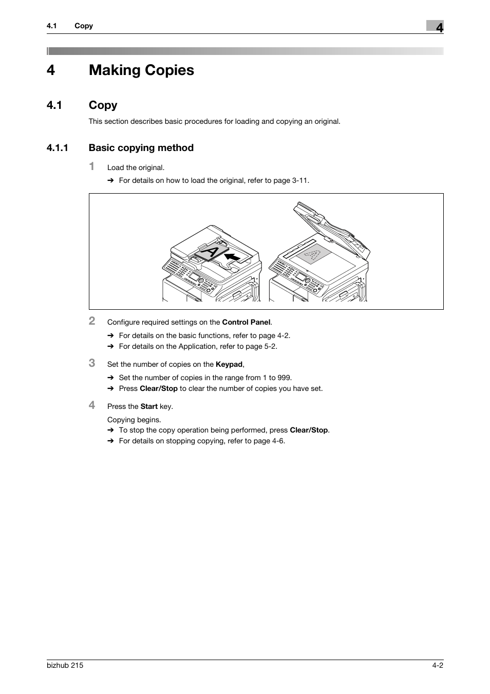 4 making copies, 1 copy, 1 basic copying method | Making copies, Copy -2, Basic copying method -2, P. 4-2, 4making copies | Konica Minolta Bizhub 215 User Manual | Page 45 / 138