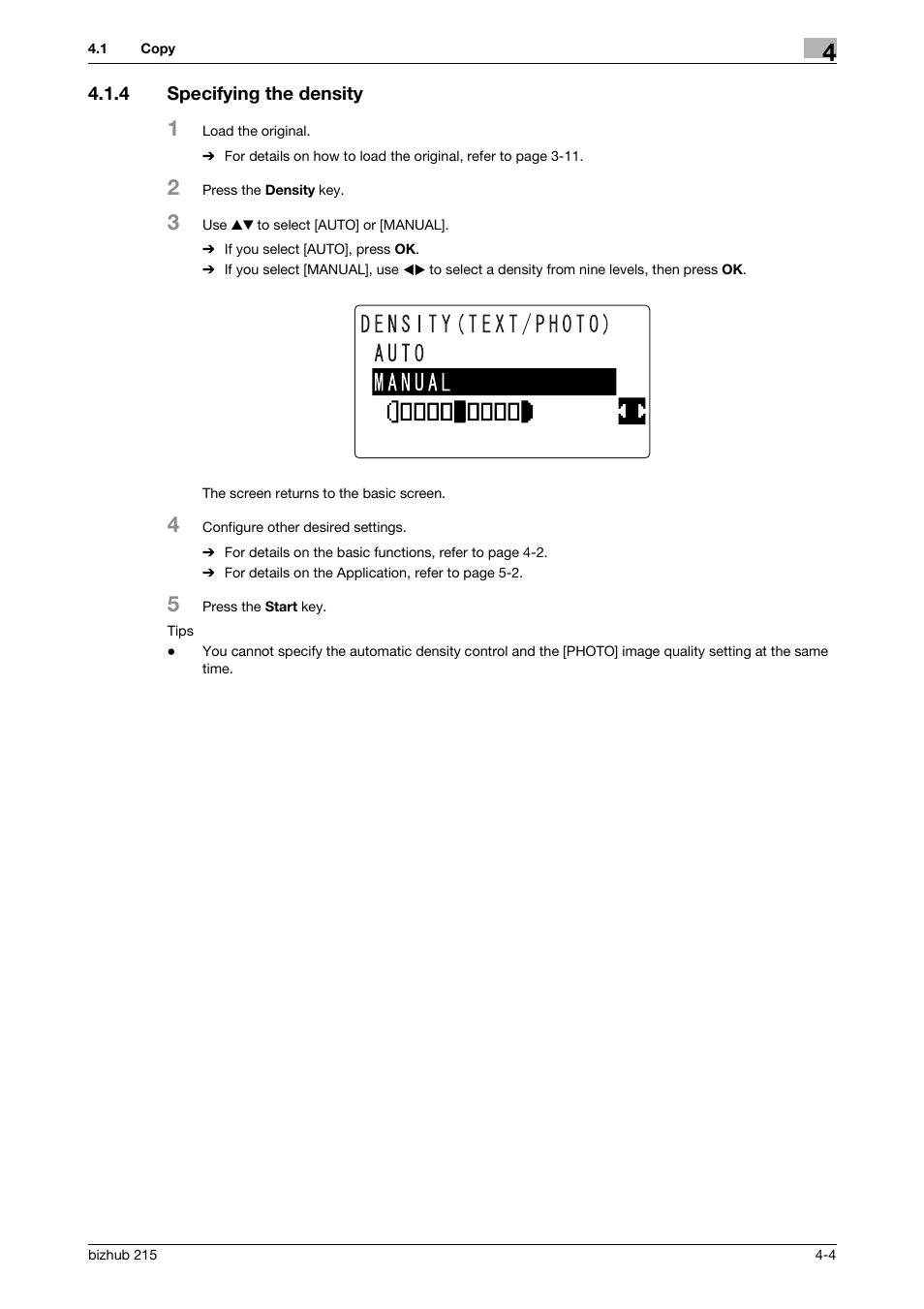 4 specifying the density, Specifying the density -4 | Konica Minolta Bizhub 215 User Manual | Page 47 / 138