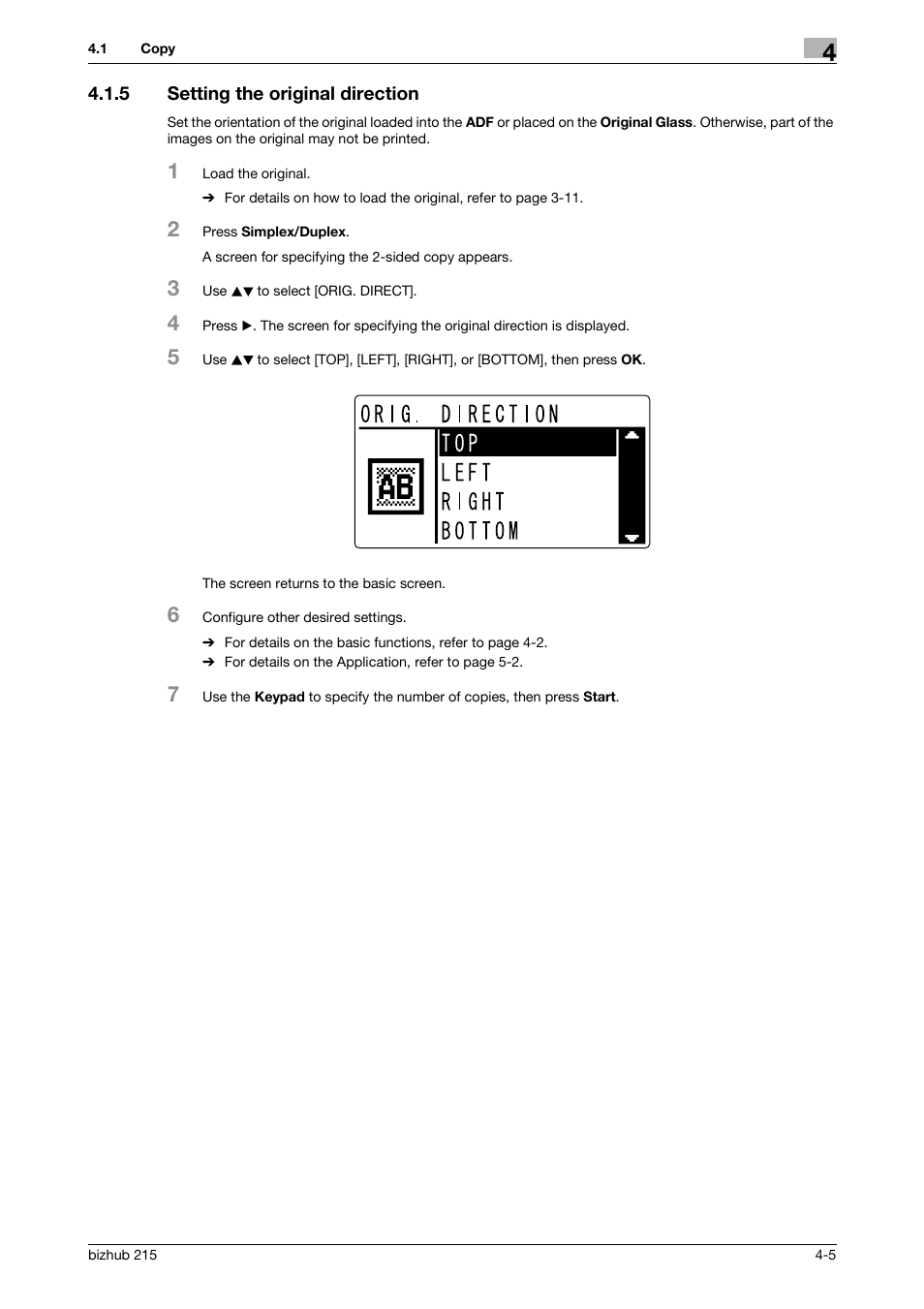 5 setting the original direction, Setting the original direction -5 | Konica Minolta Bizhub 215 User Manual | Page 48 / 138