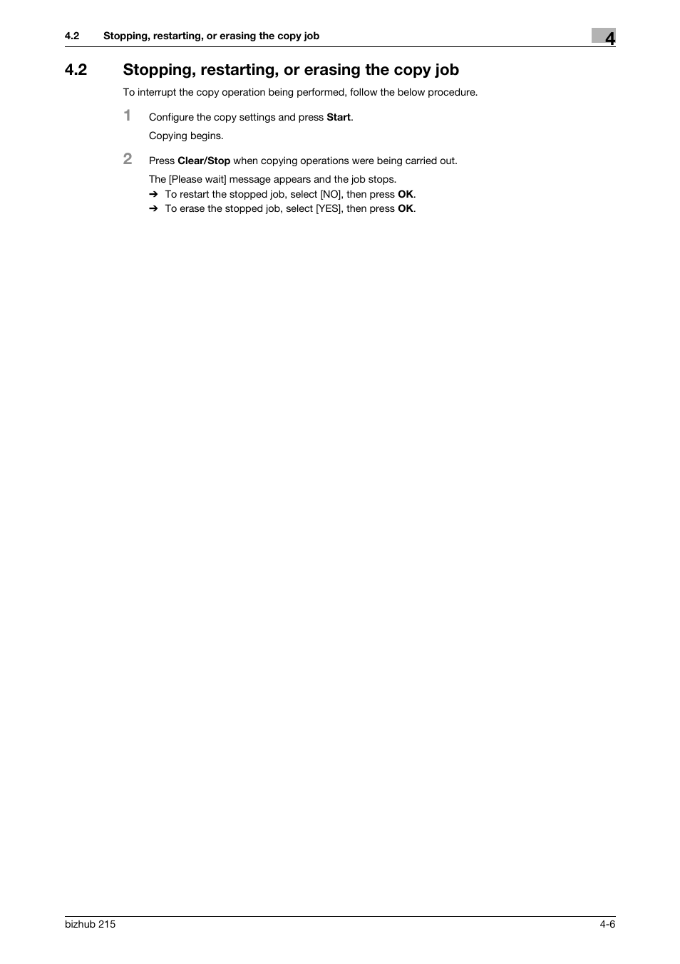 2 stopping, restarting, or erasing the copy job, Stopping, restarting, or erasing the copy job -6, P. 4-6 | Konica Minolta Bizhub 215 User Manual | Page 49 / 138