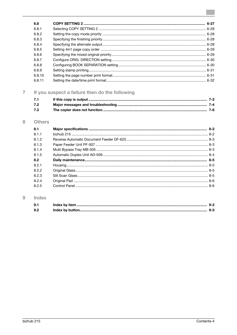 7if you suspect a failure then do the following, 8others, 9index | Konica Minolta Bizhub 215 User Manual | Page 5 / 138