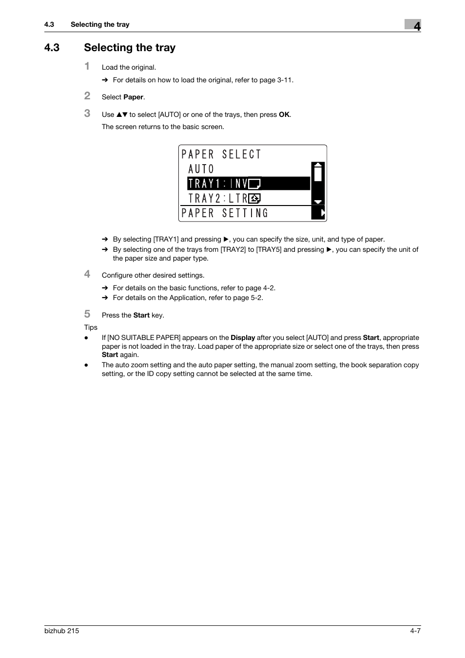 3 selecting the tray, Selecting the tray -7, P. 4-7 | 3 selecting the tray 1 | Konica Minolta Bizhub 215 User Manual | Page 50 / 138