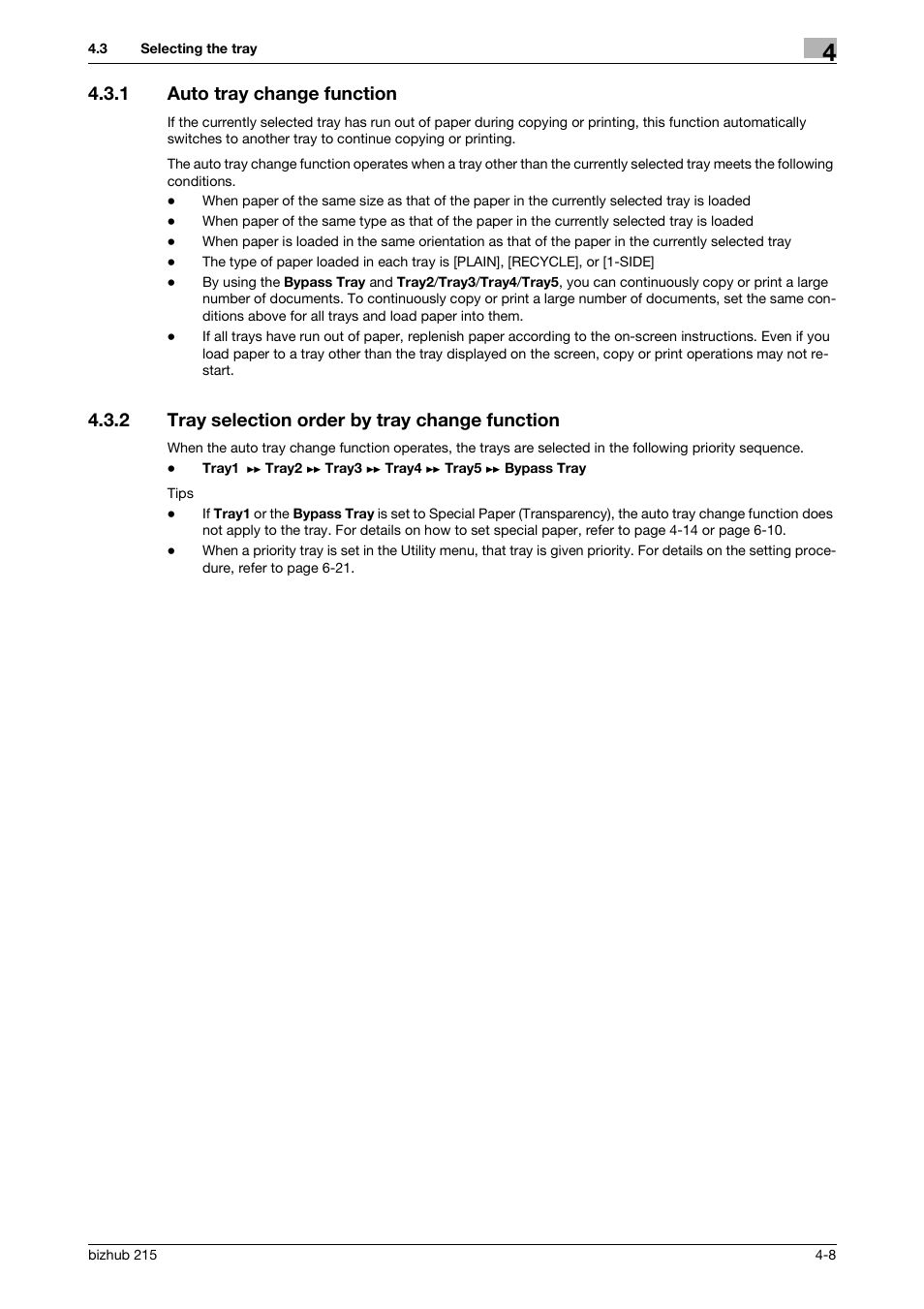 1 auto tray change function, 2 tray selection order by tray change function, Auto tray change function -8 | Tray selection order by tray change function -8 | Konica Minolta Bizhub 215 User Manual | Page 51 / 138