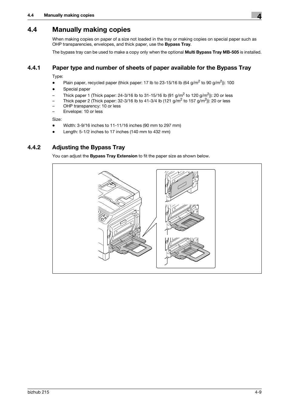 4 manually making copies, 2 adjusting the bypass tray, Manually making copies -9 | Adjusting the bypass tray -9 | Konica Minolta Bizhub 215 User Manual | Page 52 / 138