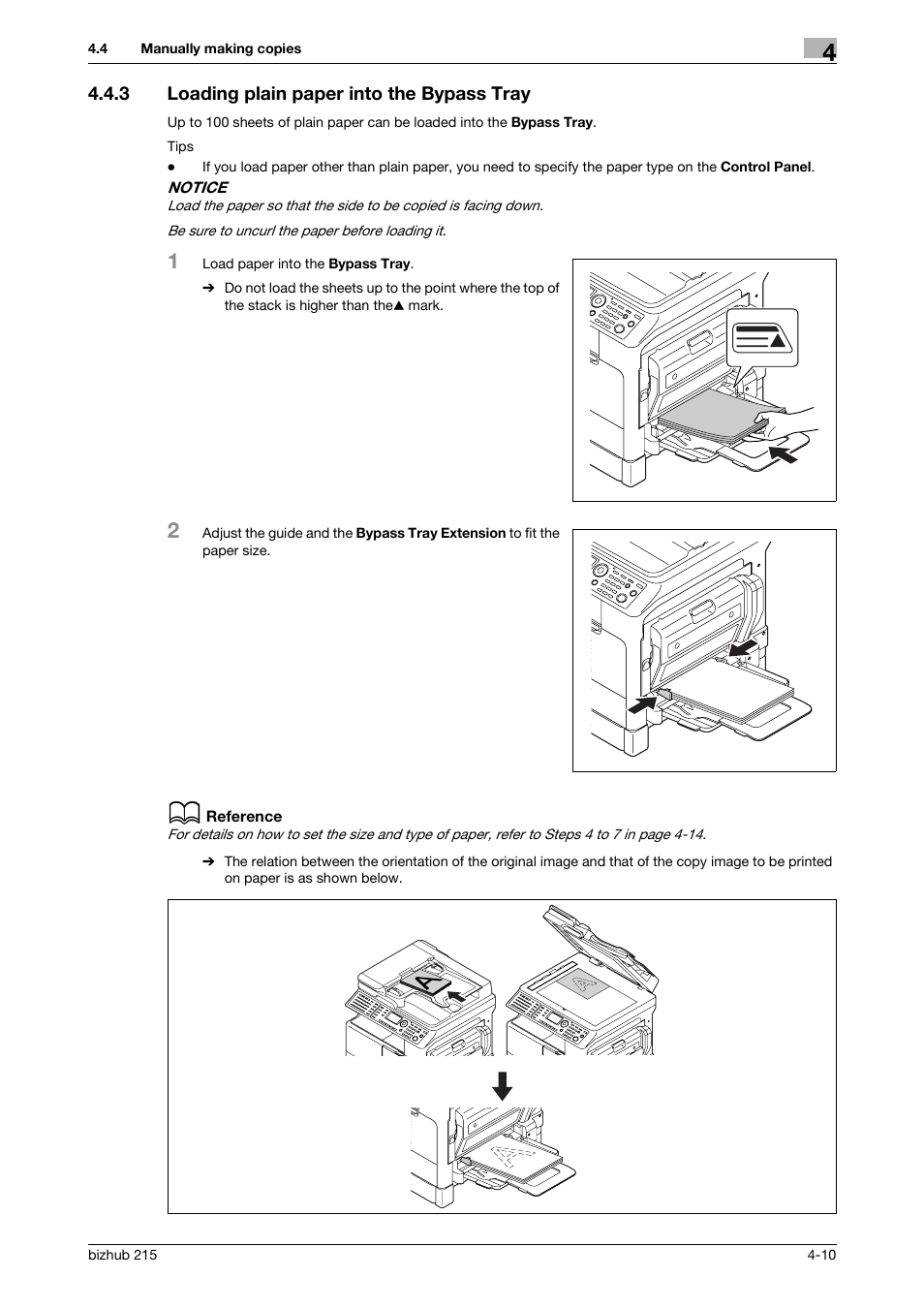 3 loading plain paper into the bypass tray, Loading plain paper into the bypass tray -10 | Konica Minolta Bizhub 215 User Manual | Page 53 / 138