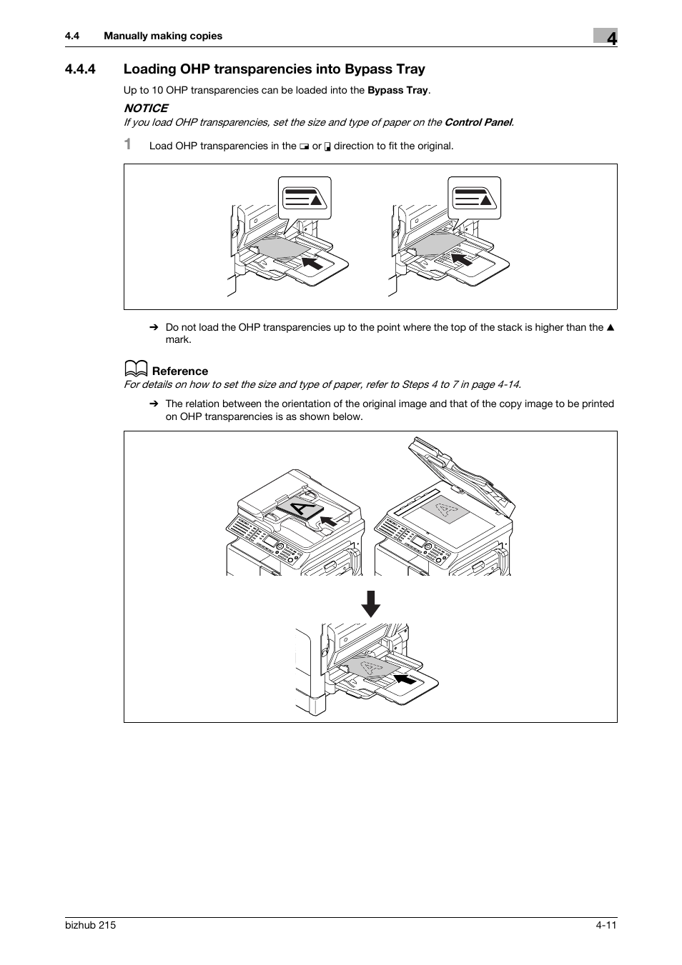 4 loading ohp transparencies into bypass tray, Loading ohp transparencies into bypass tray -11 | Konica Minolta Bizhub 215 User Manual | Page 54 / 138