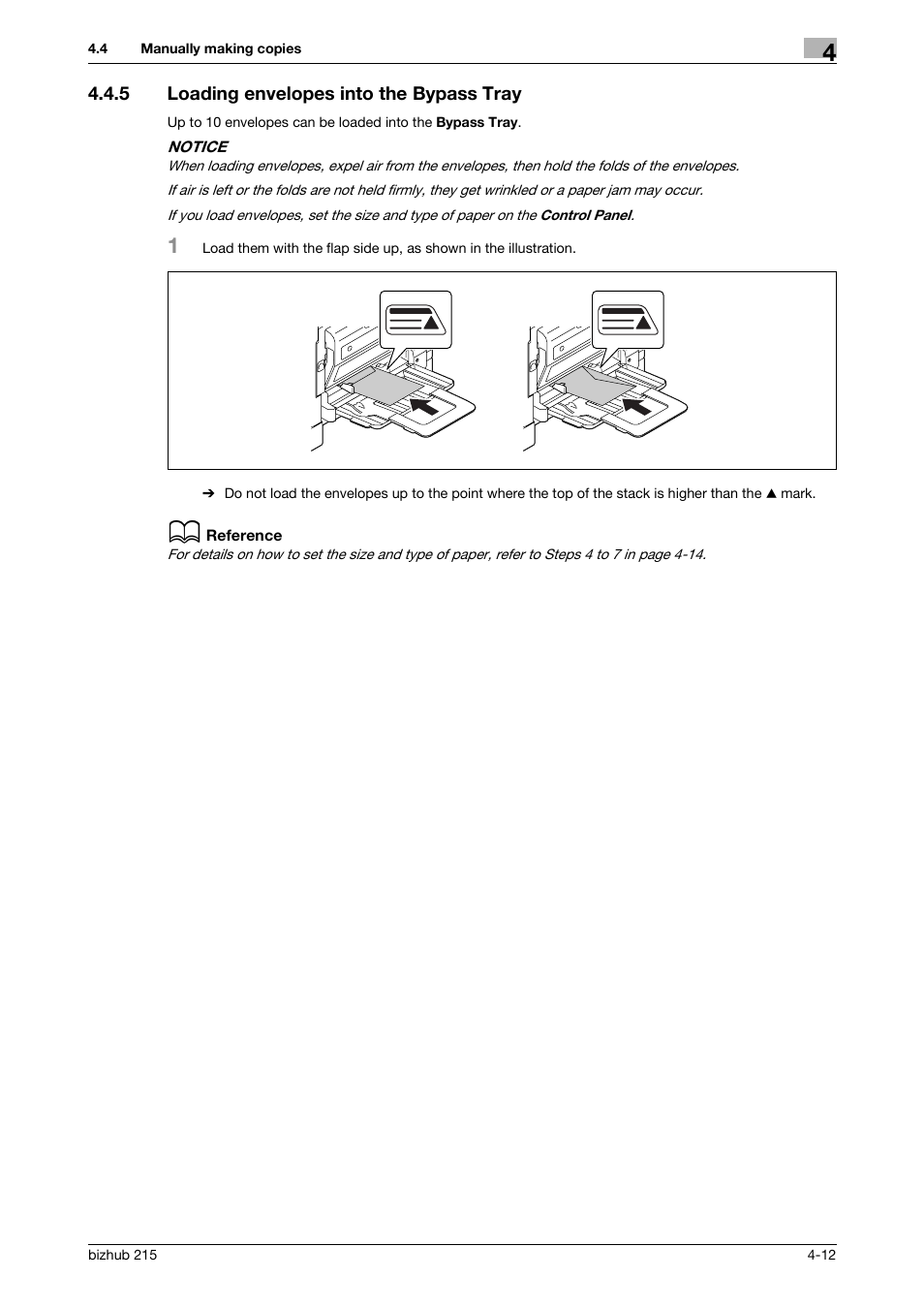 5 loading envelopes into the bypass tray, Loading envelopes into the bypass tray -12 | Konica Minolta Bizhub 215 User Manual | Page 55 / 138