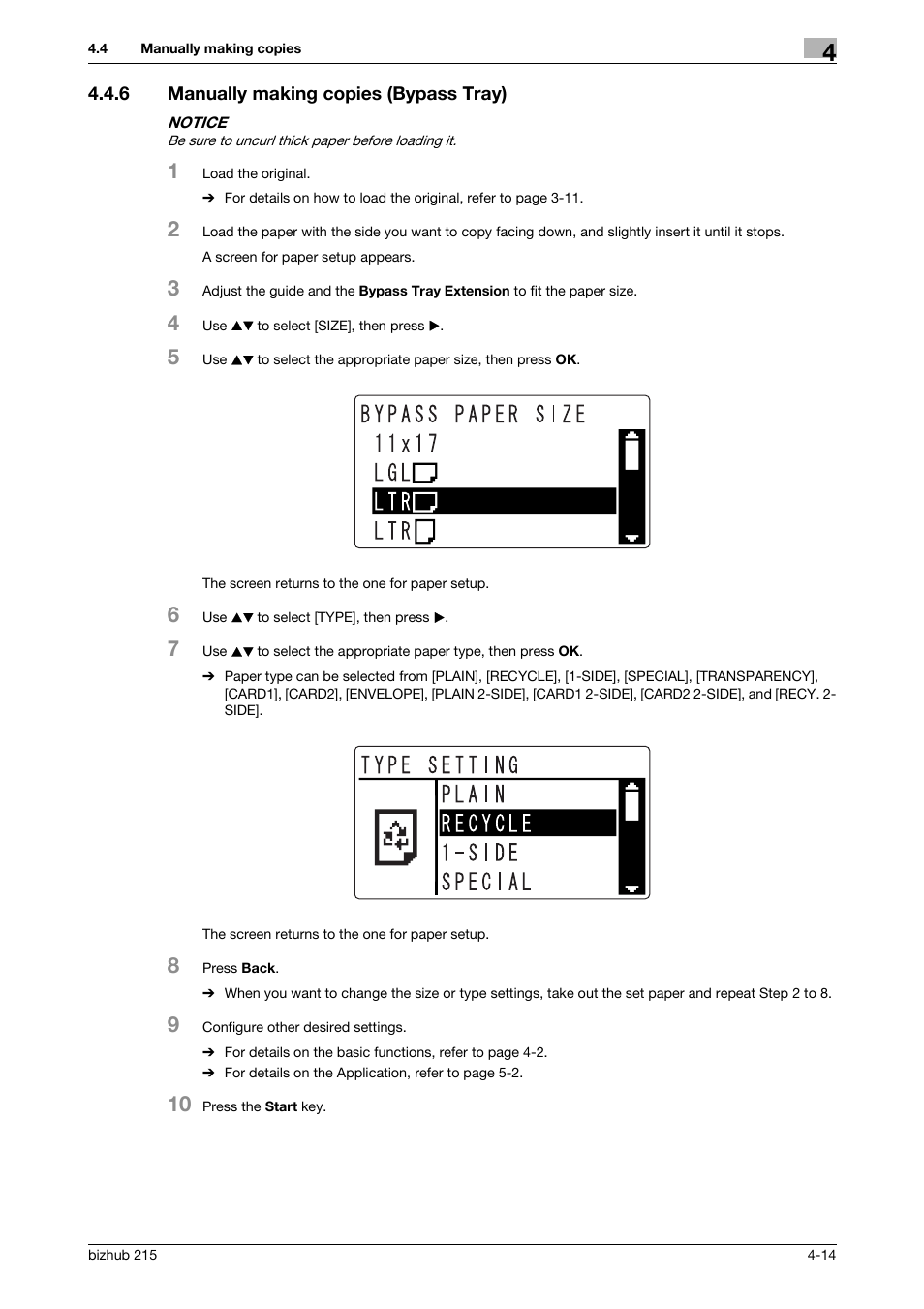 6 manually making copies (bypass tray), Manually making copies (bypass tray) -14 | Konica Minolta Bizhub 215 User Manual | Page 57 / 138