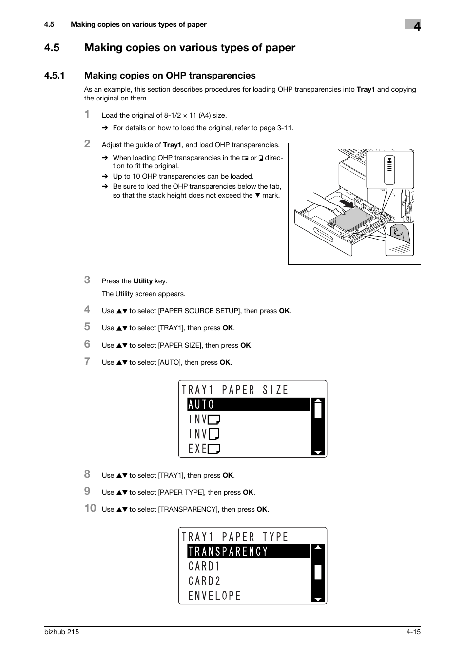 5 making copies on various types of paper, 1 making copies on ohp transparencies, Making copies on various types of paper -15 | Making copies on ohp transparencies -15 | Konica Minolta Bizhub 215 User Manual | Page 58 / 138