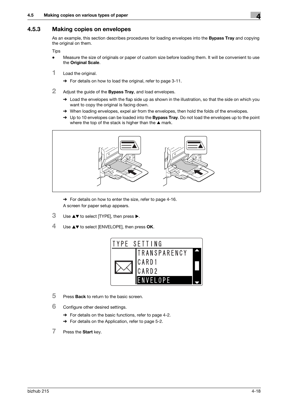 3 making copies on envelopes, Making copies on envelopes -18 | Konica Minolta Bizhub 215 User Manual | Page 61 / 138