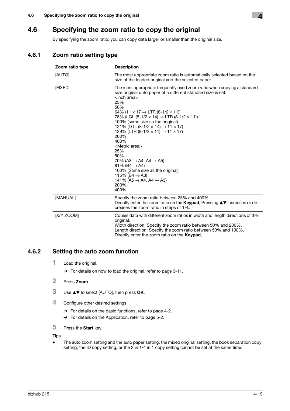 6 specifying the zoom ratio to copy the original, 1 zoom ratio setting type, 2 setting the auto zoom function | Specifying the zoom ratio to copy the original -19, Zoom ratio setting type -19, Setting the auto zoom function -19, P. 4-19 | Konica Minolta Bizhub 215 User Manual | Page 62 / 138