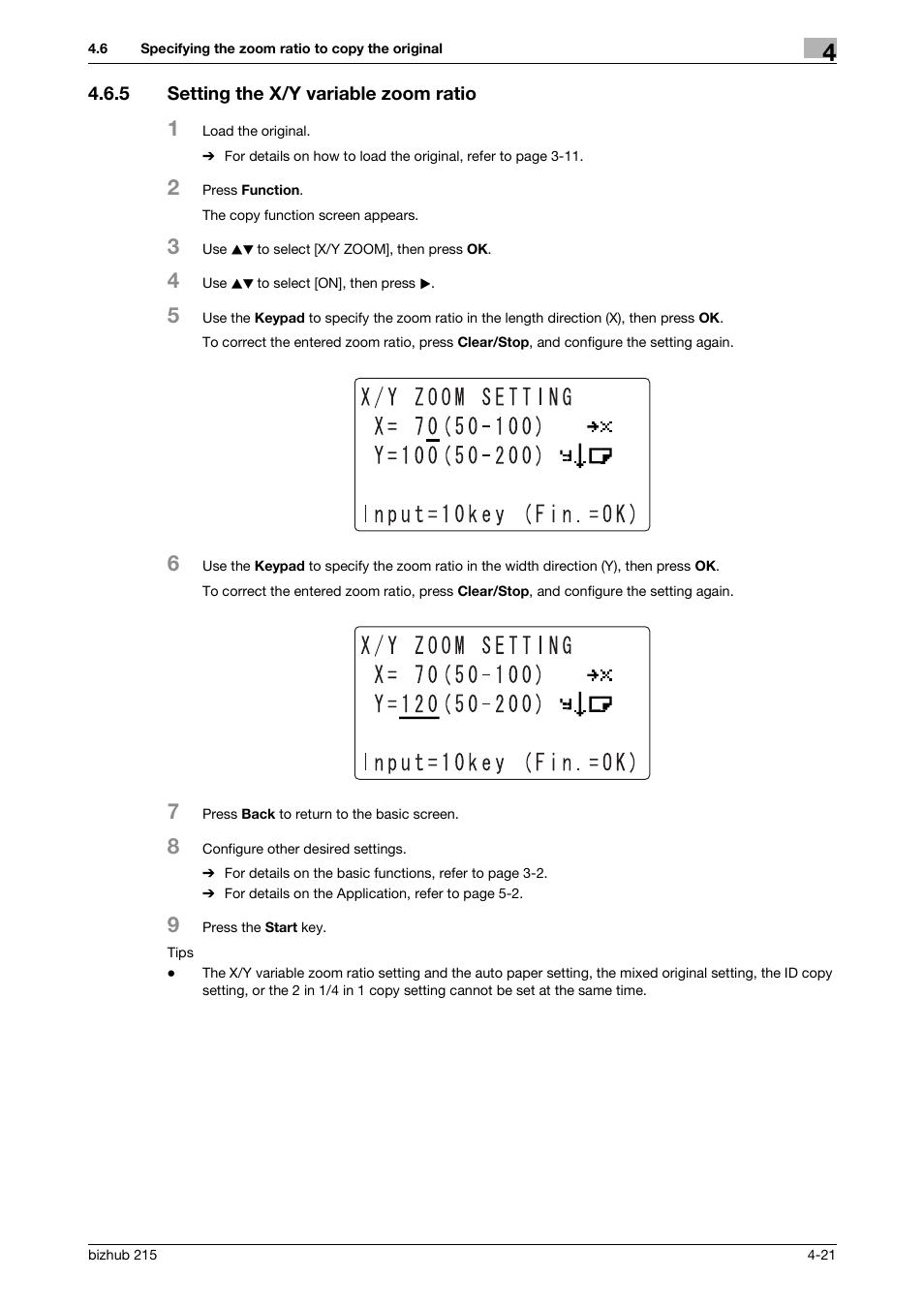 5 setting the x/y variable zoom ratio, Setting the x/y variable zoom ratio -21 | Konica Minolta Bizhub 215 User Manual | Page 64 / 138