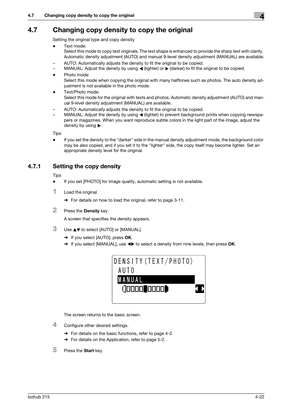 7 changing copy density to copy the original, 1 setting the copy density, Changing copy density to copy the original -22 | Setting the copy density -22, P. 4-22 | Konica Minolta Bizhub 215 User Manual | Page 65 / 138