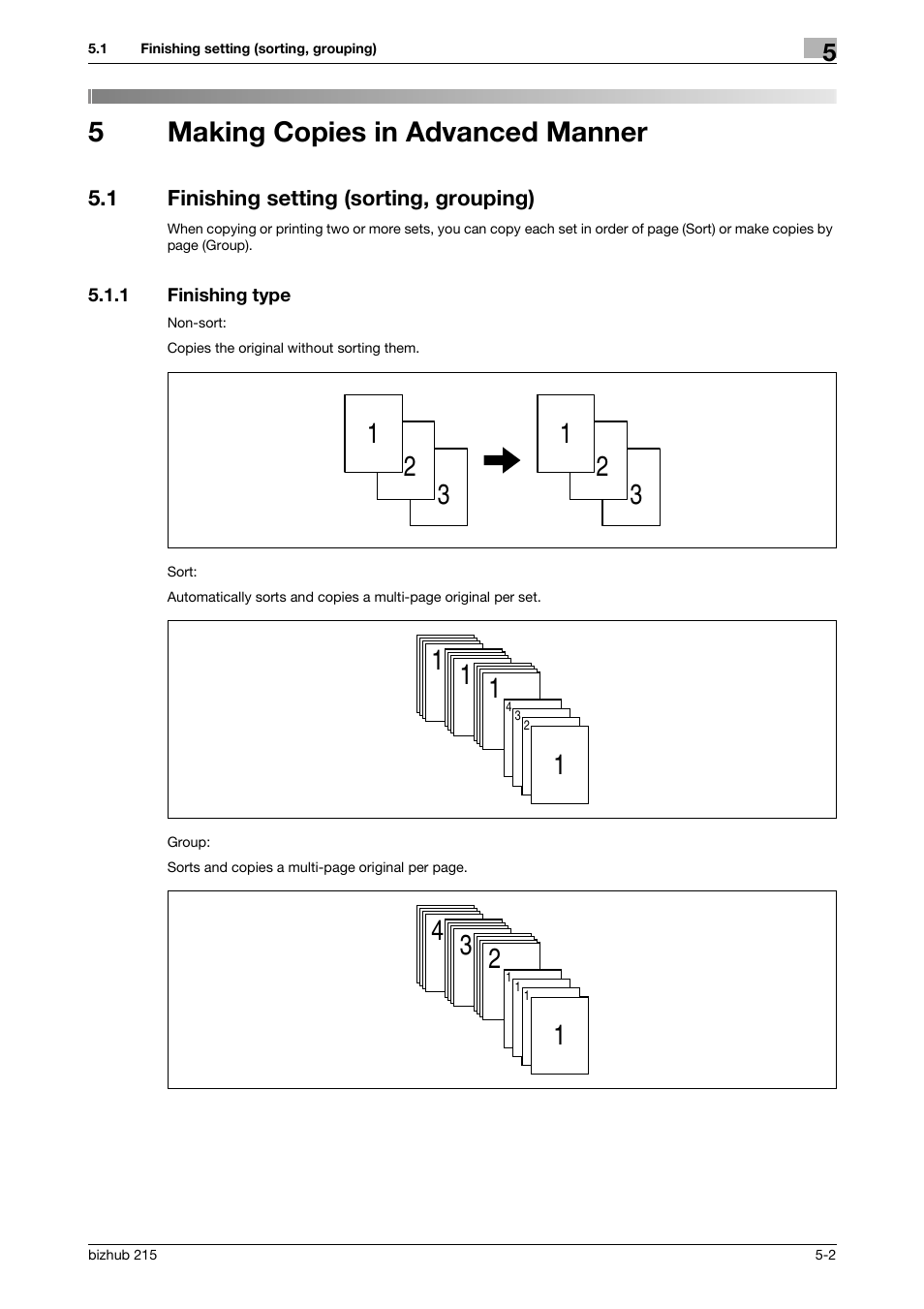 5 making copies in advanced manner, 1 finishing setting (sorting, grouping), 1 finishing type | Making copies in advanced manner, Finishing setting (sorting, grouping) -2, Finishing type -2, 5making copies in advanced manner | Konica Minolta Bizhub 215 User Manual | Page 69 / 138