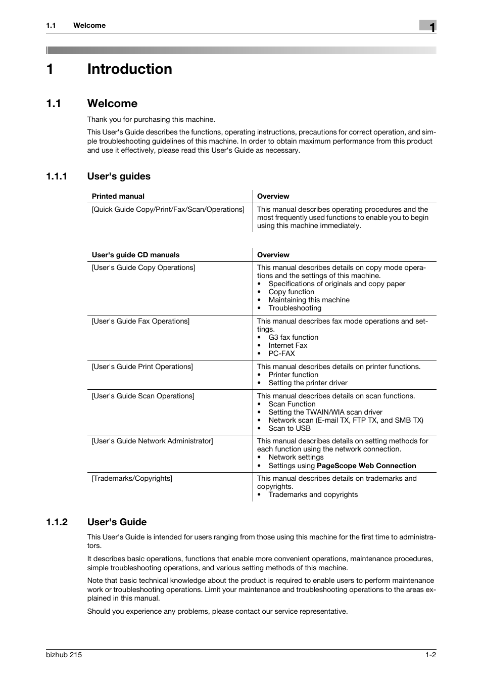 1 introduction, 1 welcome, 1 user's guides | 2 user's guide, Introduction, Welcome -2, User's guides -2, User's guide -2, 1introduction, 1 user's guides 1.1.2 user's guide | Konica Minolta Bizhub 215 User Manual | Page 7 / 138