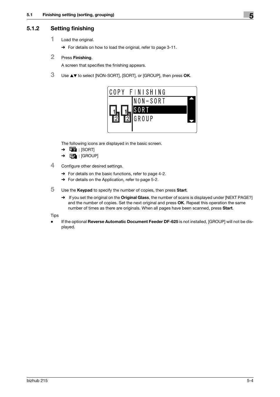 2 setting finishing, Setting finishing -4, P. 5-4 | Konica Minolta Bizhub 215 User Manual | Page 71 / 138