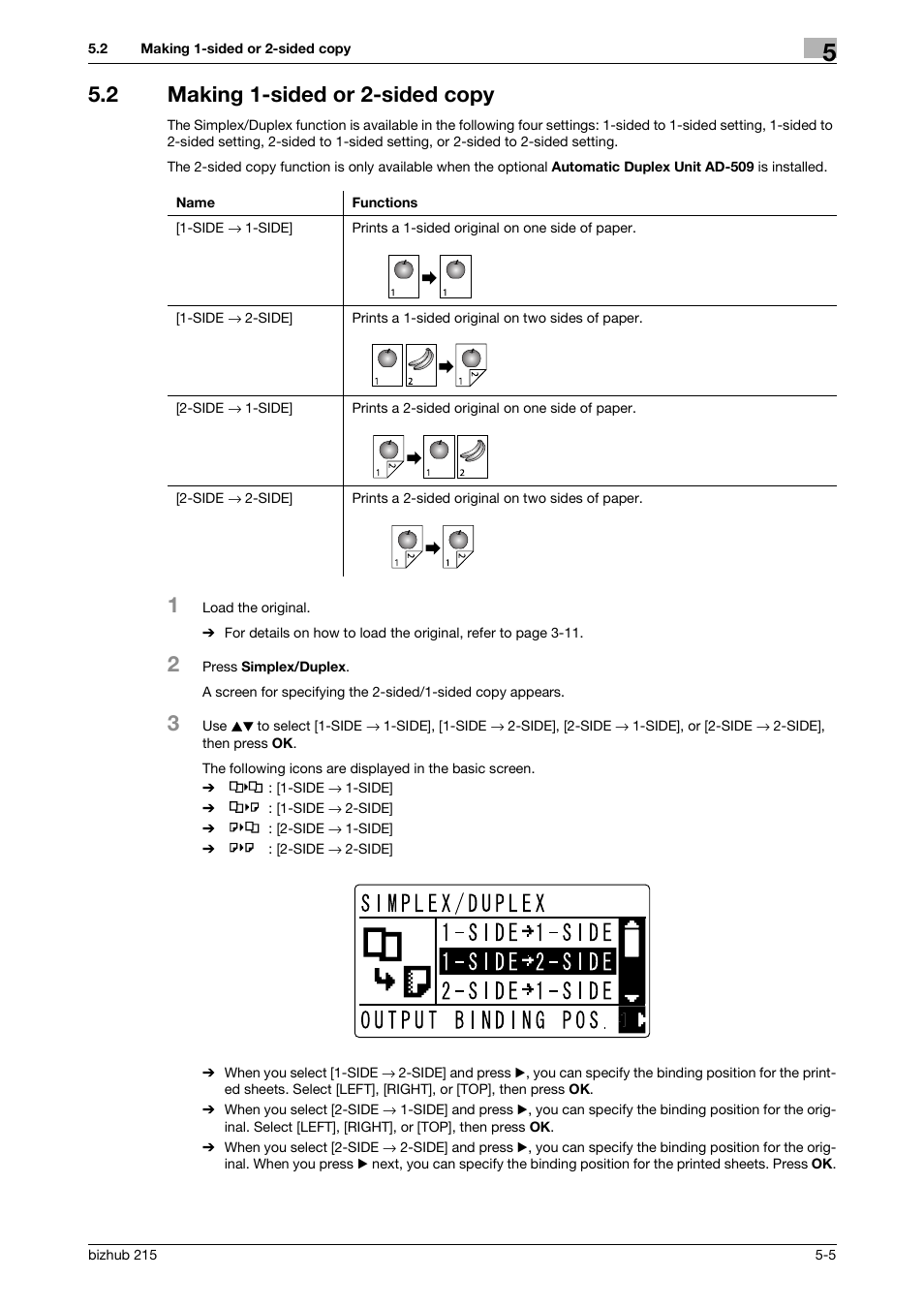 2 making 1-sided or 2-sided copy, Making 1-sided or 2-sided copy -5, P. 5-5 | Konica Minolta Bizhub 215 User Manual | Page 72 / 138