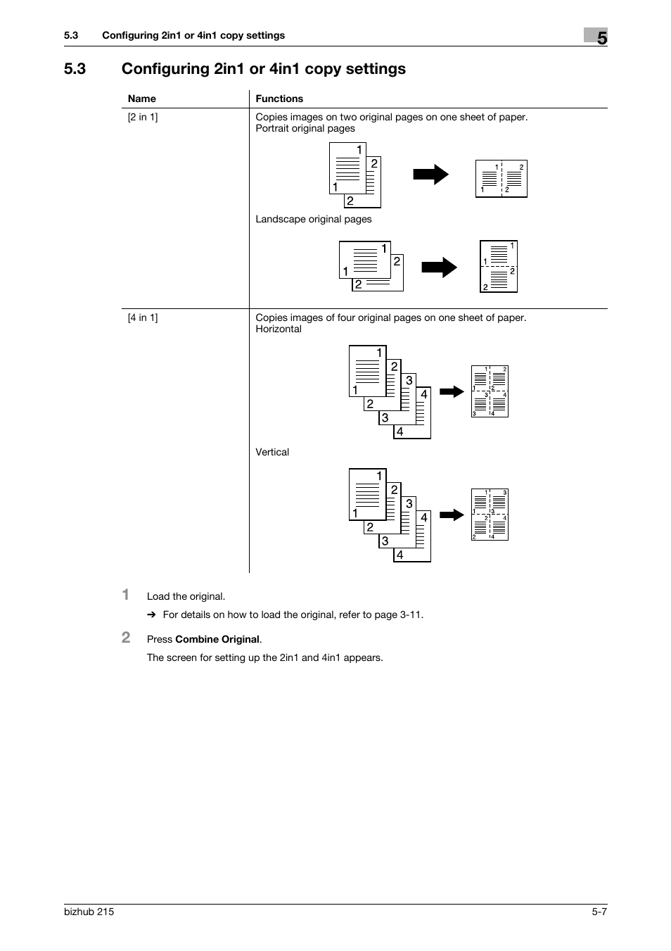 3 configuring 2in1 or 4in1 copy settings, Configuring 2in1 or 4in1 copy settings -7, P. 5-7 | Konica Minolta Bizhub 215 User Manual | Page 74 / 138