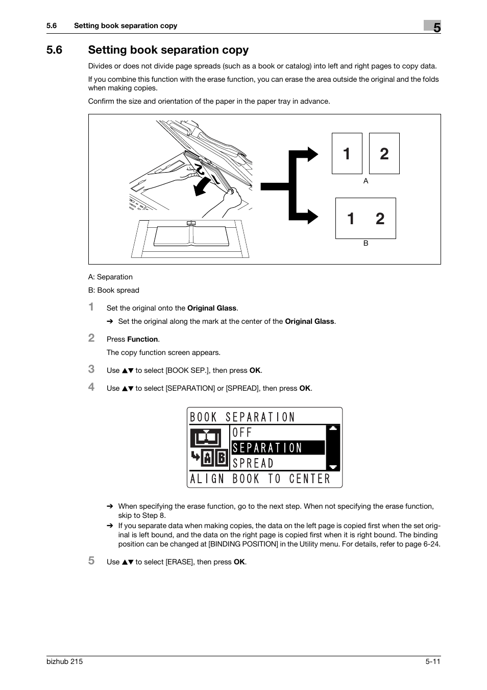 6 setting book separation copy, Setting book separation copy -11 | Konica Minolta Bizhub 215 User Manual | Page 78 / 138