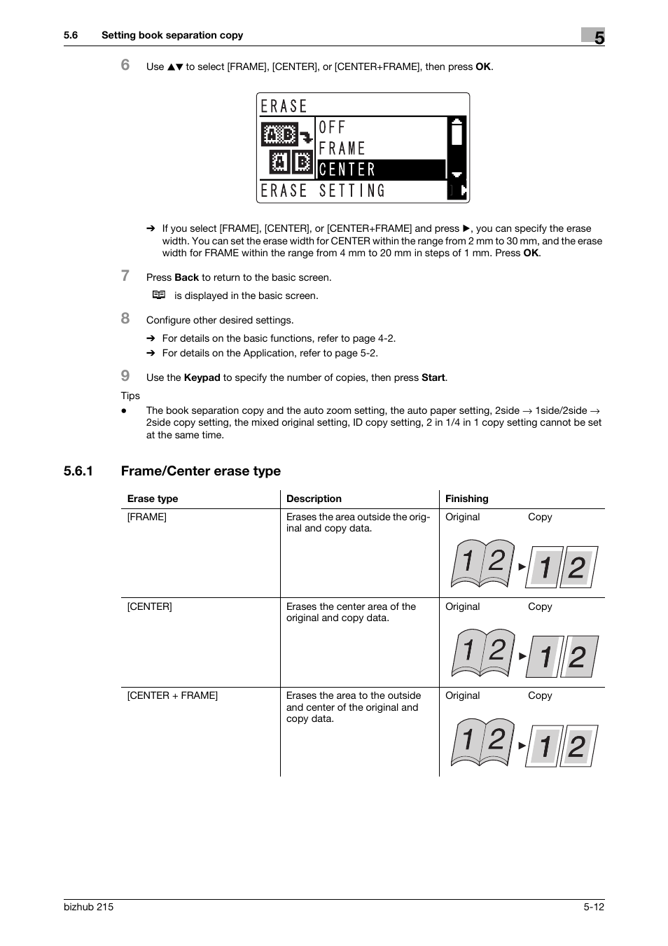 1 frame/center erase type, Frame/center erase type -12 | Konica Minolta Bizhub 215 User Manual | Page 79 / 138