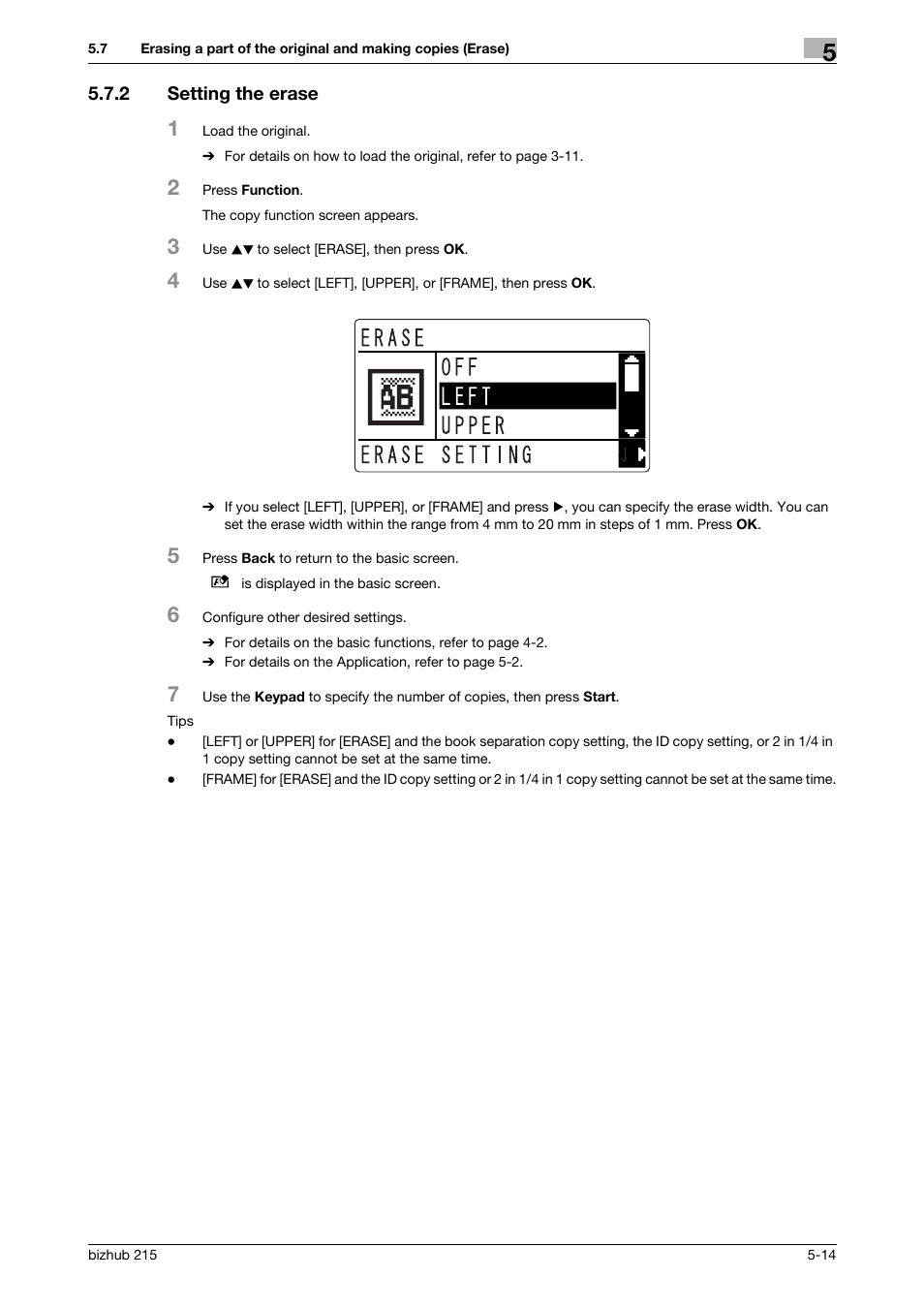 2 setting the erase, Setting the erase -14 | Konica Minolta Bizhub 215 User Manual | Page 81 / 138