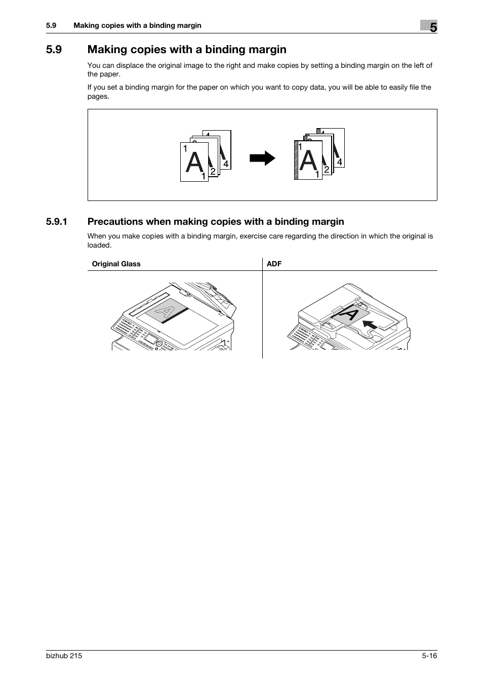 9 making copies with a binding margin, Making copies with a binding margin -16 | Konica Minolta Bizhub 215 User Manual | Page 83 / 138